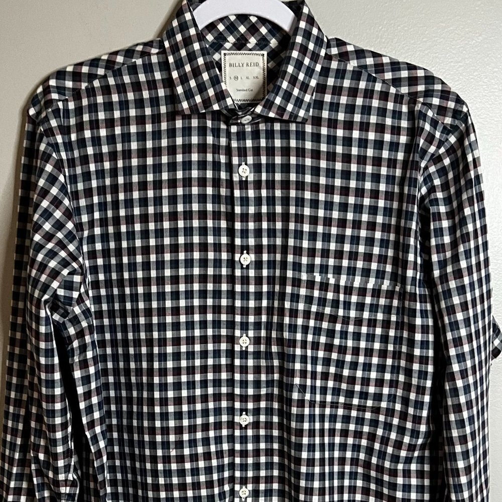 Billy Reid Men's Plaid L/S Standard Cut Shirt Burgundy, Navy &  White Sz M